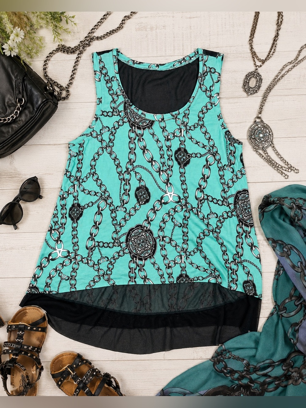 Jennifer Lopez XL Teal Black Chain Print Sleeveless Sheer Tank Dress /Long Shirt